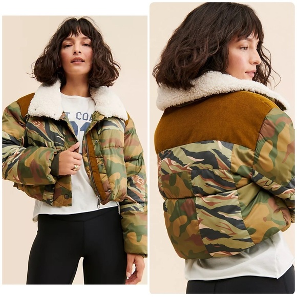 New! Free People x We The Free Camouflage Jacket with Shearling Collar 💚 Medium - Picture 2 of 10